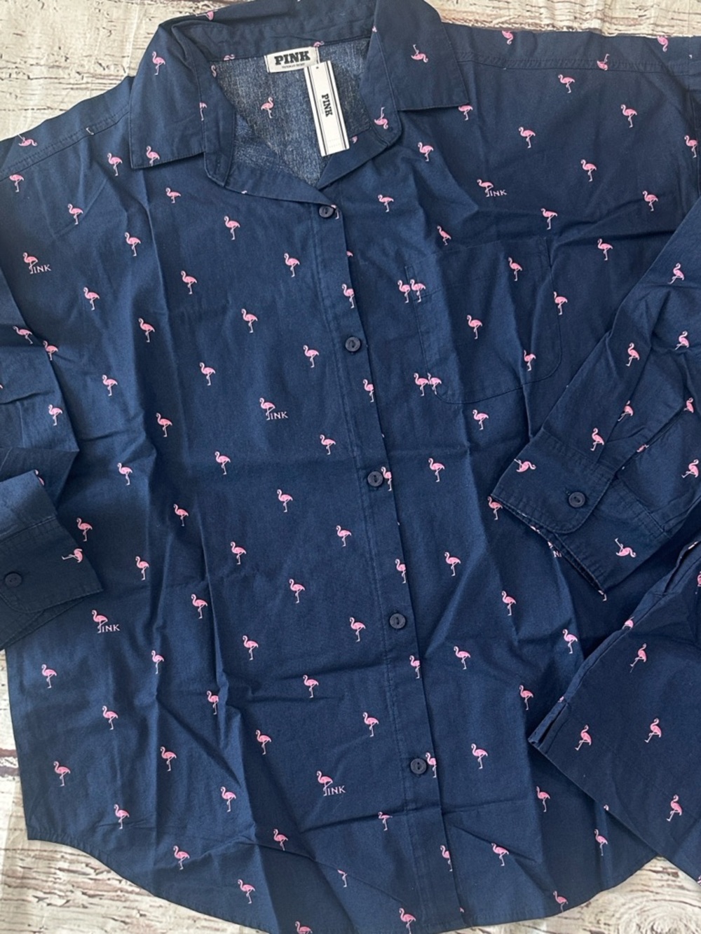 Pink Victoria’s Secret Navy And Pink Flamingo Print Pajama Set - Picture 4 of 6